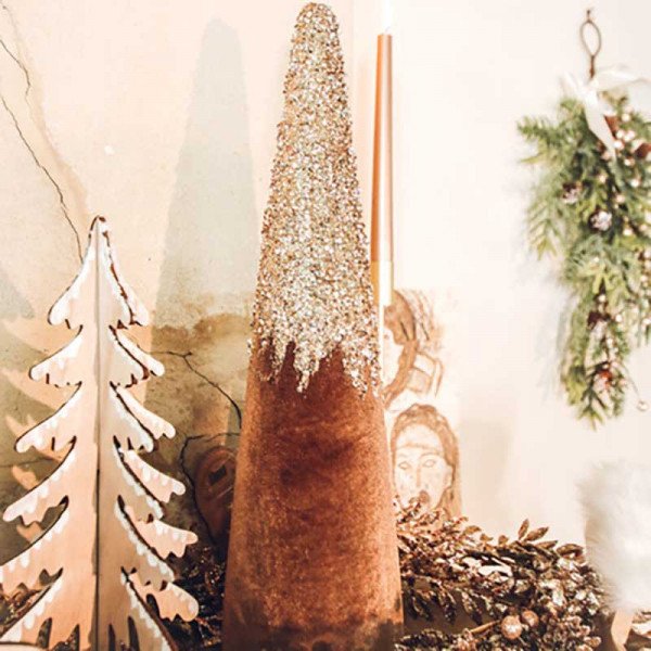 Sapin conique scintillant velours taupe et or