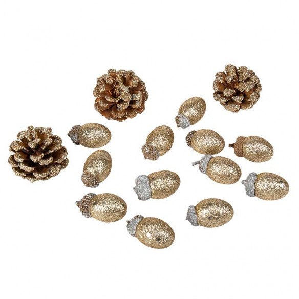 Assortiment 15pcs glands et pommes de pin paillettes champagne Assortiment 15pcs glands et pommes de pin paillettes champagne
