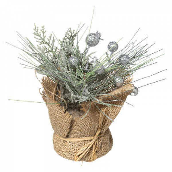 Centre de table jute, branche et boule brillante argent