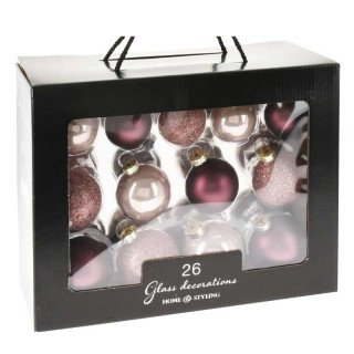 Set de 26 boules de Noël bordeaux rosé en verre