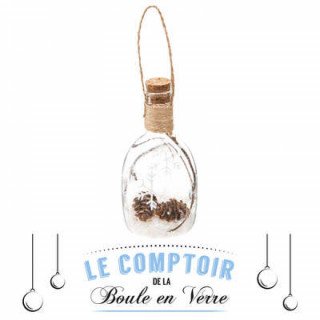 Fiole en verre flocon et pomme de pin, 11cm