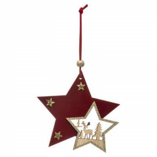 Décoration de noël bois étoile bordeaux/doré, 12cm