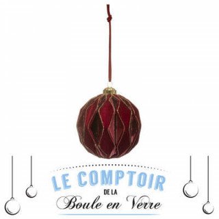 Boule de noël en verre rouge/bordx effet  velours, 100mm