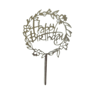 Cake topper Happy Birthday fleuri argent