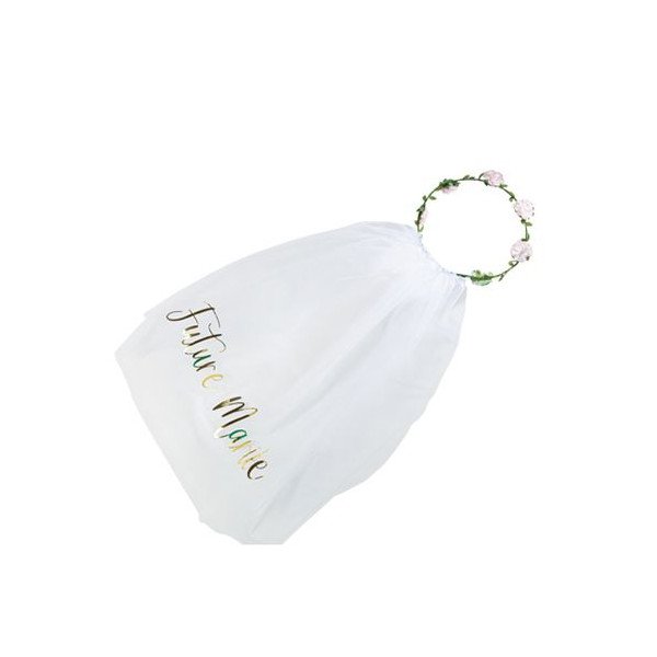 Voile Future Mariée Couronne de Fleur et tulle floqué or