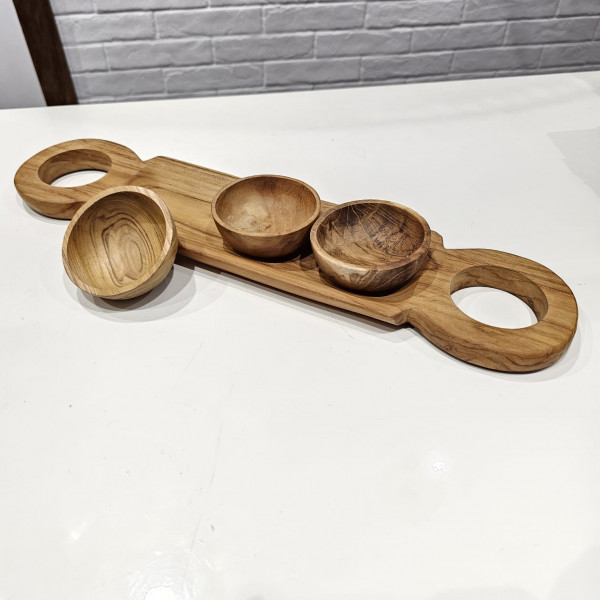 Plateau Apéritif avec 3 Bols en Teck...