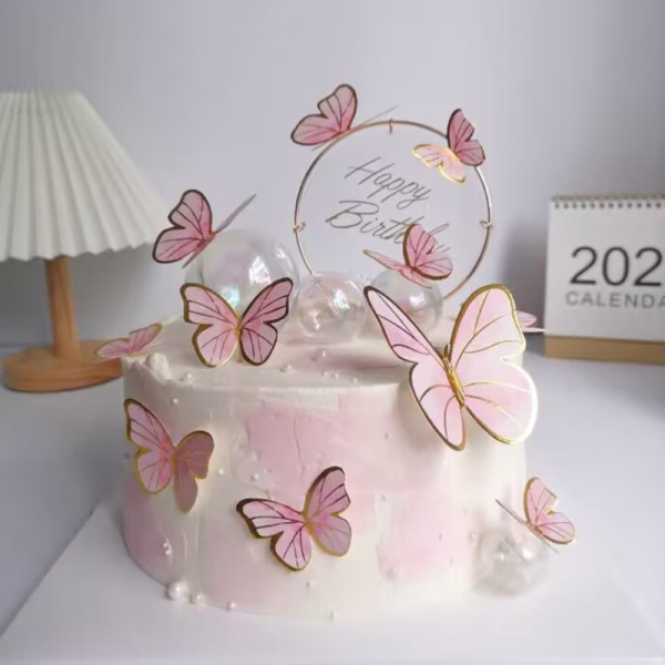 10 Papillons Rose clair/ or sur tige