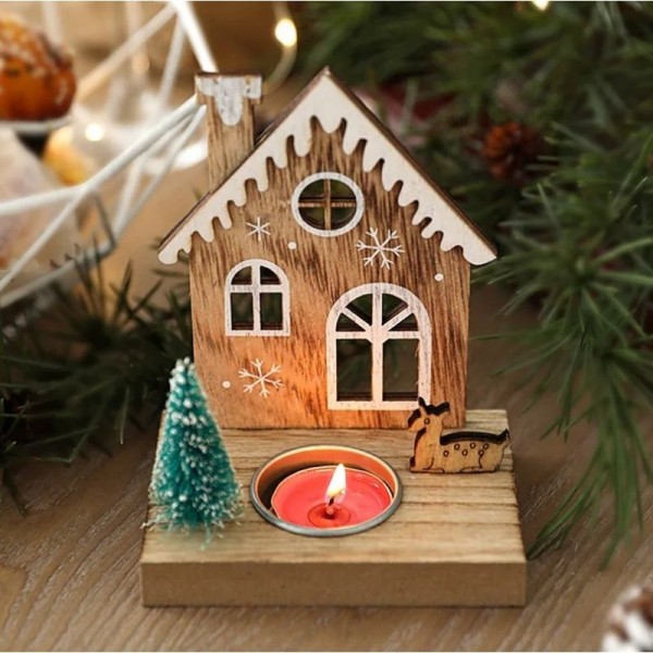 Bougeoir de Noël en bois – Maison & sapin