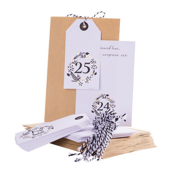Calendrier de l'avent 25 pochettes/etiquettes + ficelle