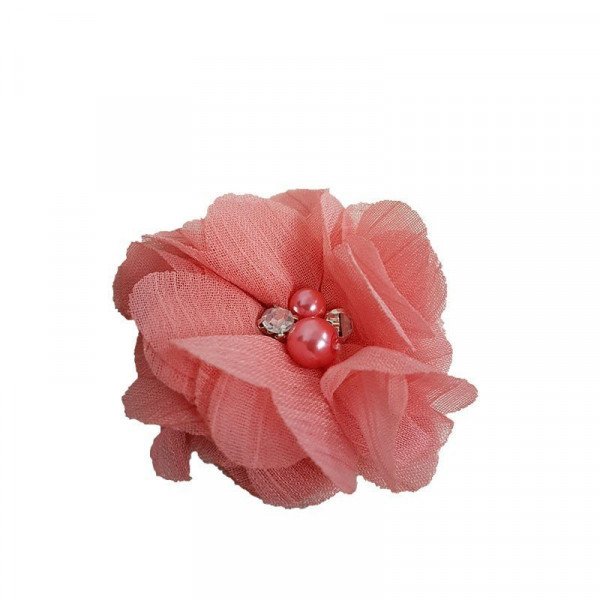 Fleur mousseline corail rosé strass et perles Fleur mousseline corail rosé strass et perles