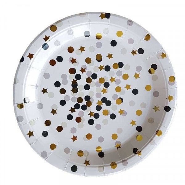 10 assiettes papier blanches motifs rond noir et étoiles or 10 assiettes papier blanches motifs rond noir et étoiles or