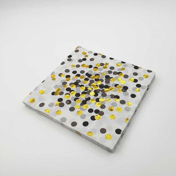 Serviette papier à pois noir/gris et étoiles or x20