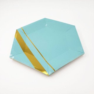 10 assiettes polygone bleu et or 23 cm