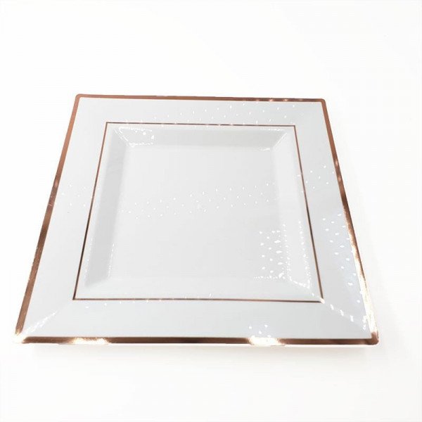 6 assiettes carrées blanches bord rose gold 25cm